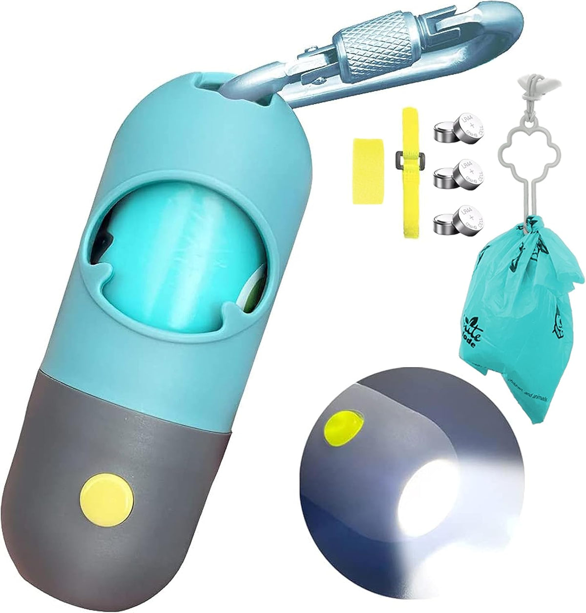 Belro flashlight with poop pickup bag holder attached, compact portable lighting tool for outdoor use and pet waste cleanup.