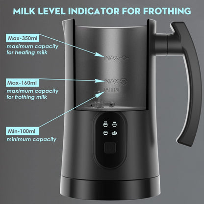 Belro Instant Electric Milk Frother and Steamer for home kitchen, showing frothing and steaming functions on a sleek appliance.