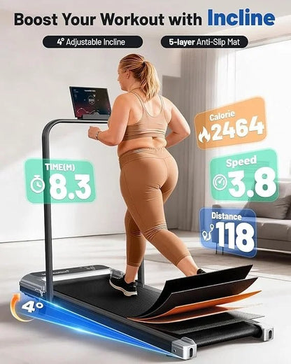 Casavibeo walking pad treadmill with handlebar, adjustable incline, compact design, and remote control for home and office use