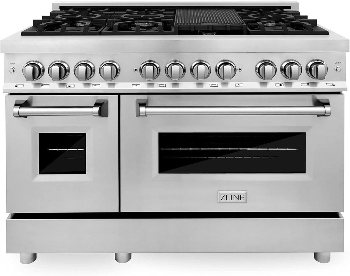 Casavibeo ZLINE 48-inch professional dual fuel range with stainless steel finish and multiple burners, ideal for gourmet cooking.