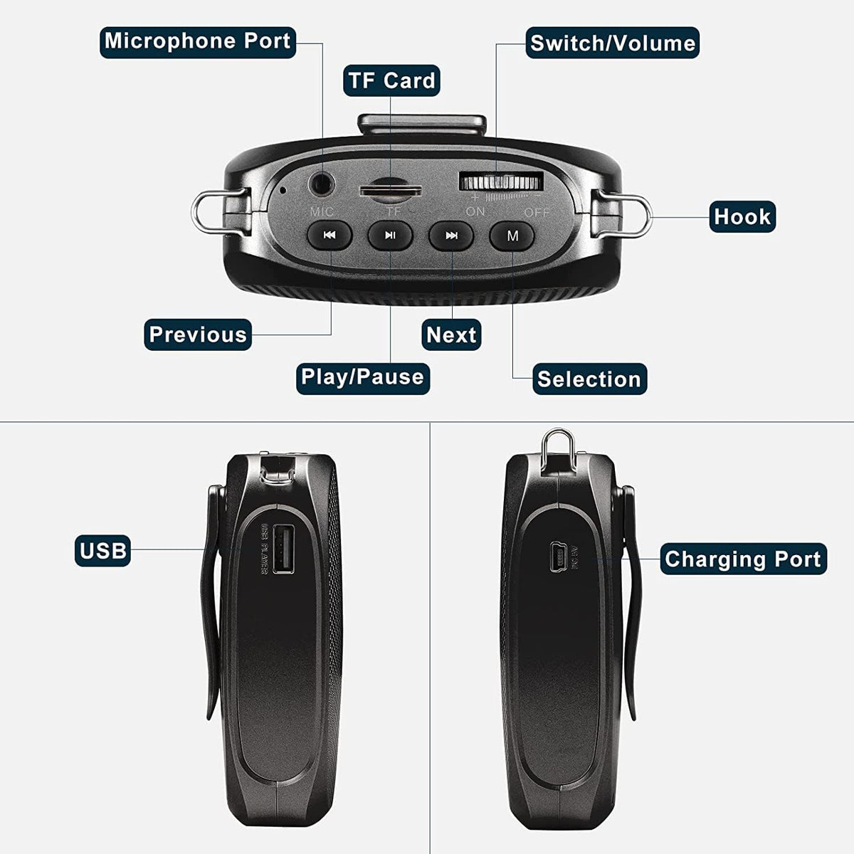 Belro personal voice amplifier for teachers and elderly, compact electronic audio device with microphone and control buttons.