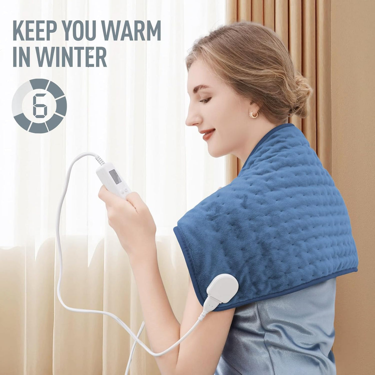 Belro electric heating pad for back pain relief, soft fabric cover, shown on a person's back for soothing warmth and comfort.