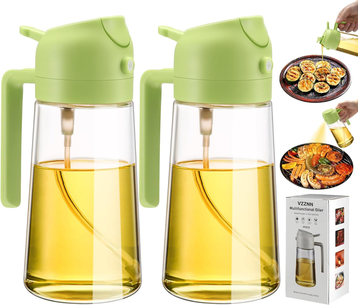 Belro 2-pack oil dispenser and sprayer bottles for kitchen use, featuring clear containers and spray nozzles for easy oil application.