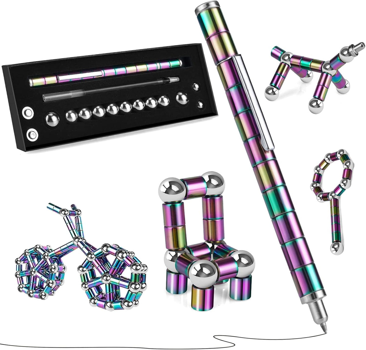 Belro Fidget Pen resting on a desk, compact metal pen with spinning and clicking features, suitable for desk use in home and office.