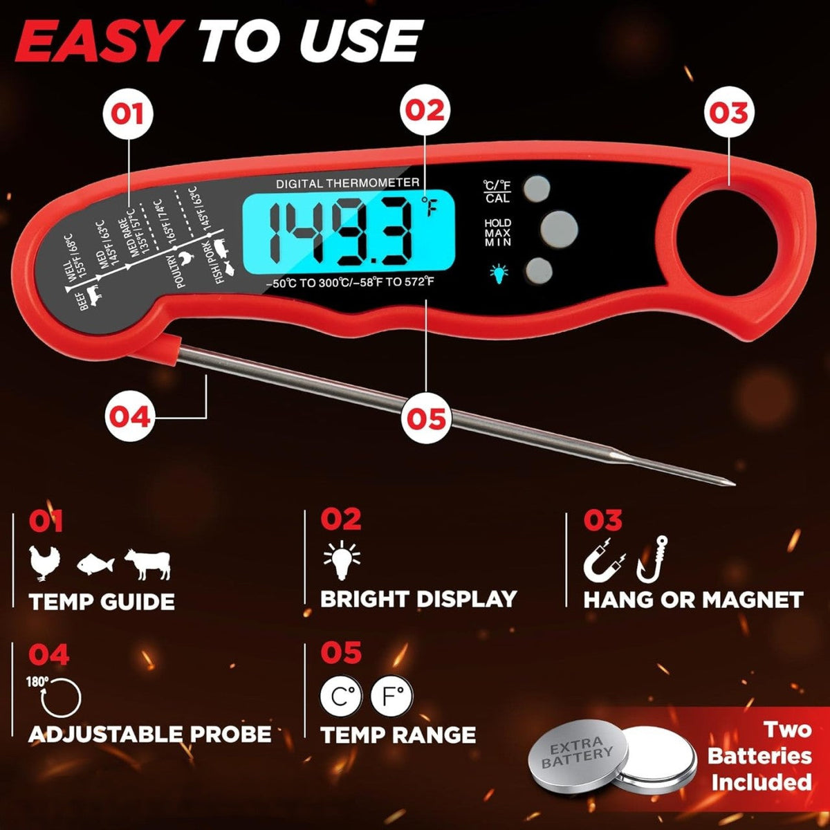 Belro instant read meat thermometer with digital display, compact medical device for quick temperature readings.