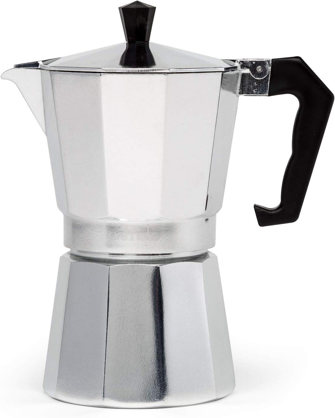 Belro classic stovetop espresso maker for Italian and Cuban coffee brewing, with a sleek metal moka pot design.