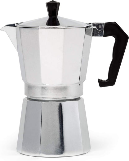 Belro classic stovetop espresso maker for Italian and Cuban coffee brewing, with a sleek metal moka pot design.