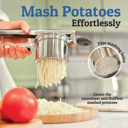 Belro potato ricer for kitchen use, with stainless steel handle and bowl, ideal for mashing potatoes and vegetables.