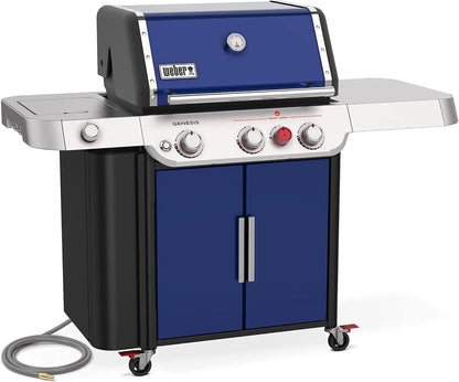 Casavibeo Weber Genesis S-335 gas grill with stainless steel lid, side shelves, and multiple burners in a backyard setting.