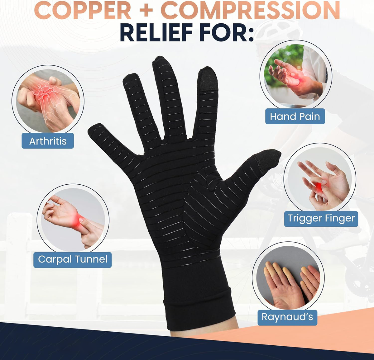 Belro compression gloves, stretchy accessories with support for hands, shown in a close-up image.