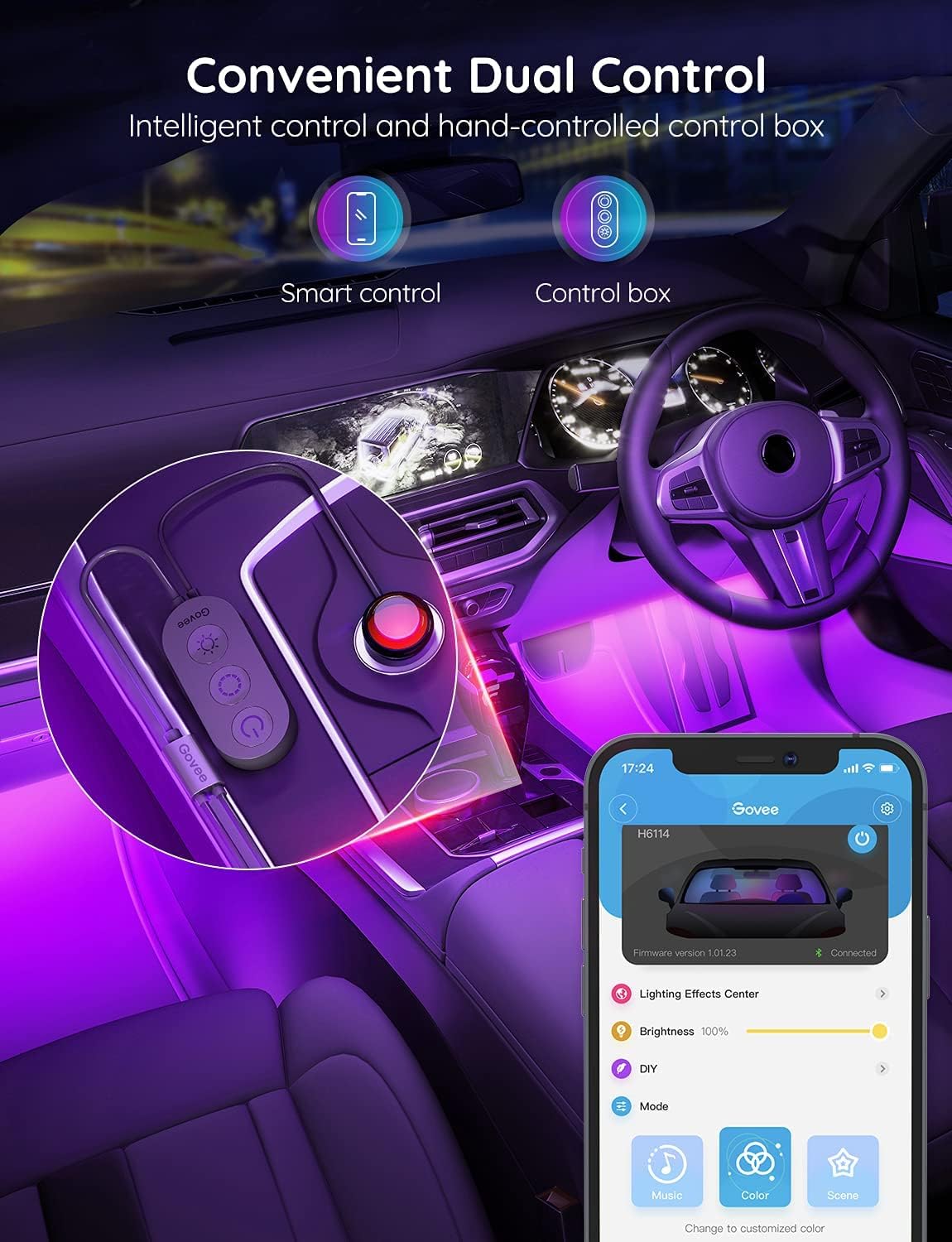 Belro smart interior car LED light strips installed inside a vehicle, providing customizable ambient lighting.