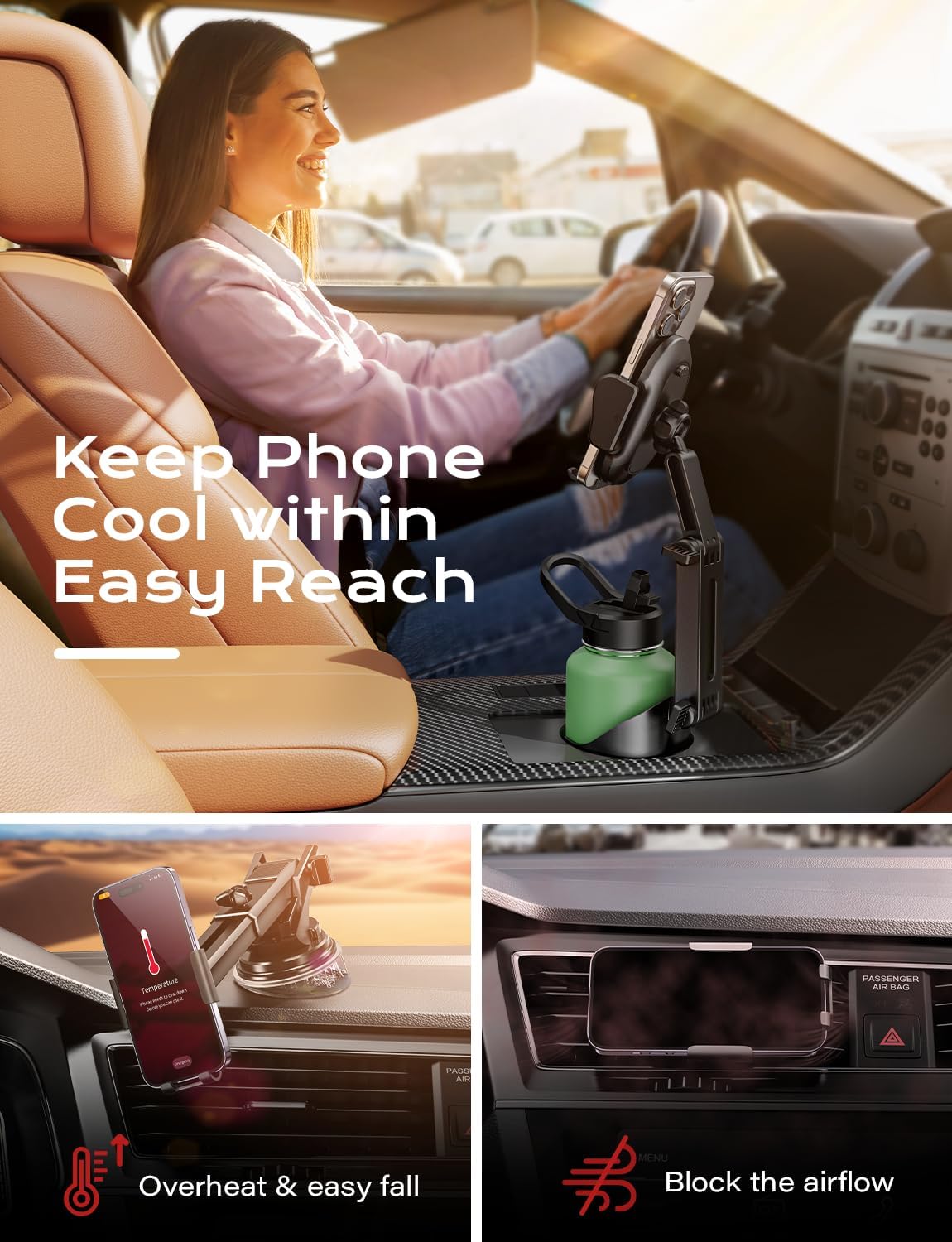 Belro phone cup holder mount for car, adjustable electronic phone holder with secure grip for hands-free driving.