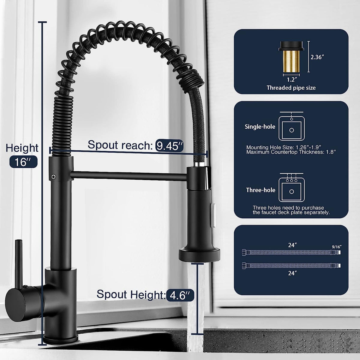 Belro single-hole spring kitchen faucet with pull-down sprayer, modern design for kitchen sink installation.