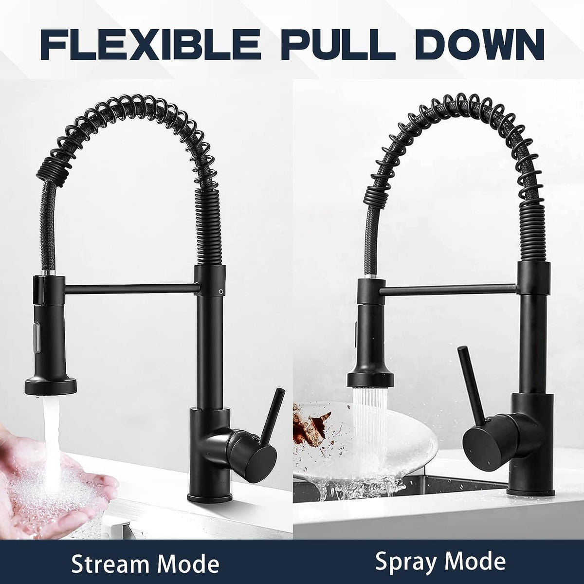 Belro single-hole spring kitchen faucet with pull-down sprayer installed in a modern kitchen sink, showcasing sleek chrome finish.