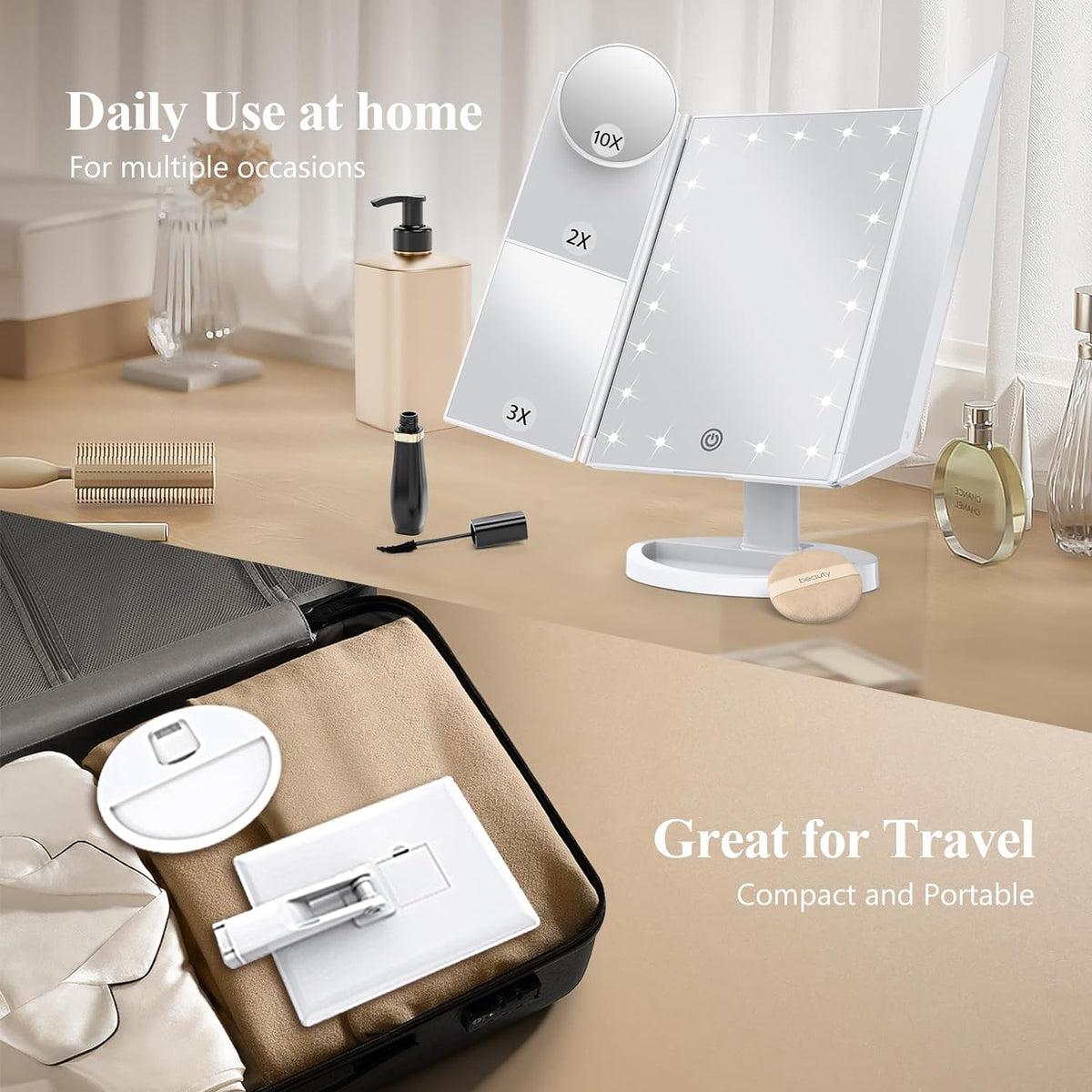 Belro tri-fold LED makeup mirror with built-in light, featuring multiple panels for close-up beauty and makeup application.