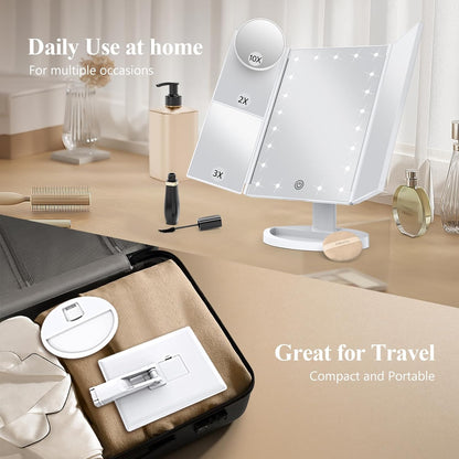Belro tri-fold LED makeup mirror with built-in light, featuring multiple panels for close-up beauty and makeup application.