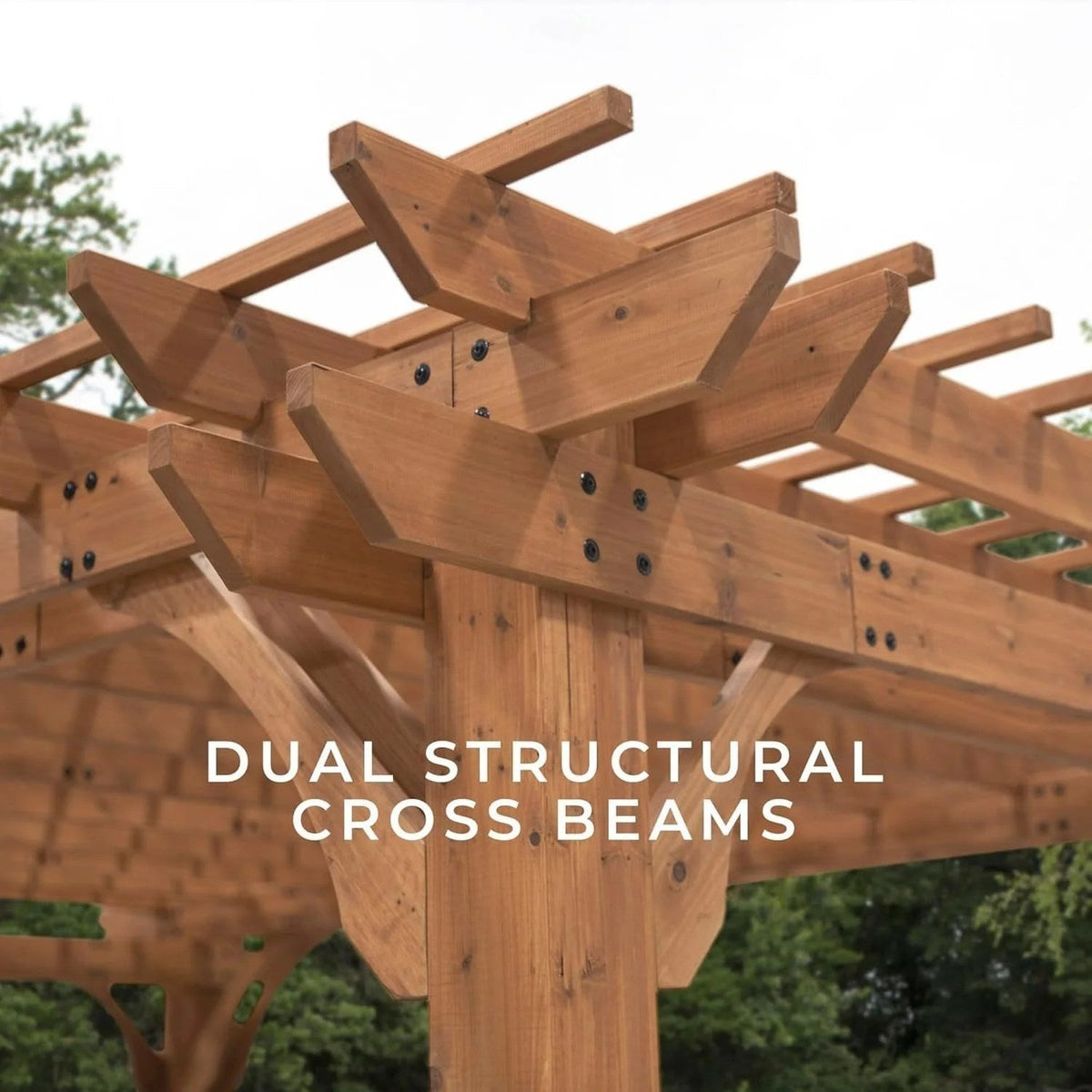 Casavibeo Backyard Discovery Beaumont Pergola with wooden beams and lattice roof, ideal for outdoor shade and garden decor.