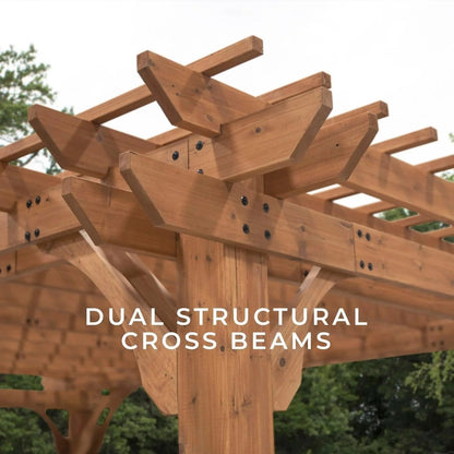 Casavibeo Backyard Discovery Beaumont Pergola with wooden beams and lattice roof, ideal for outdoor shade and garden decor.
