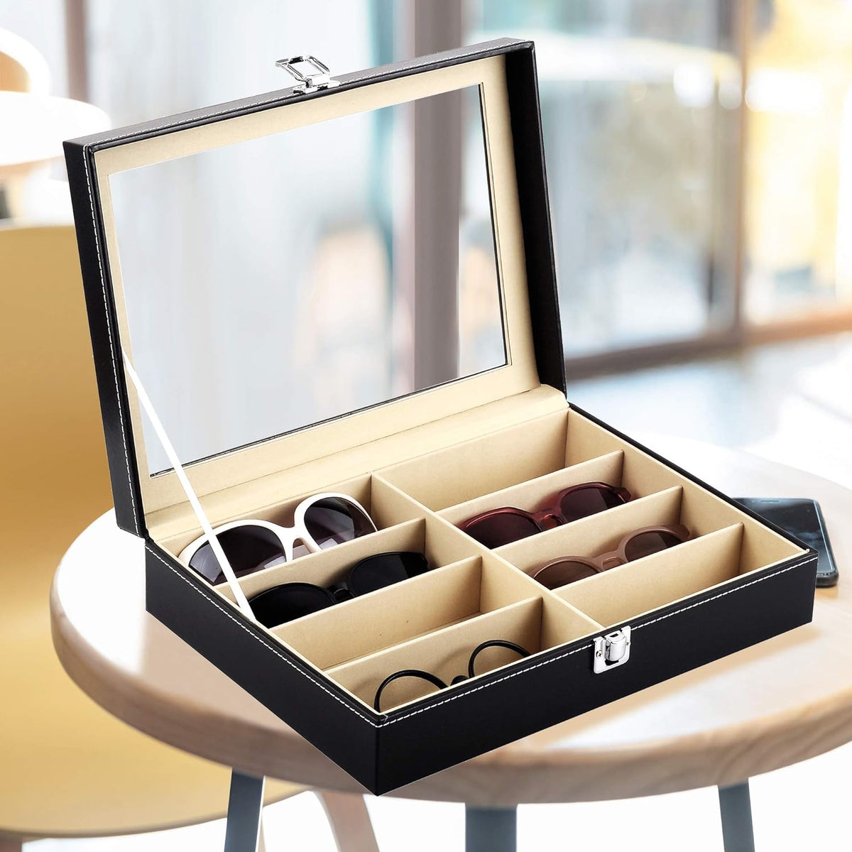 Belro sunglass organizer storage holder with multiple compartments for eyewear, ideal for health and beauty organization.