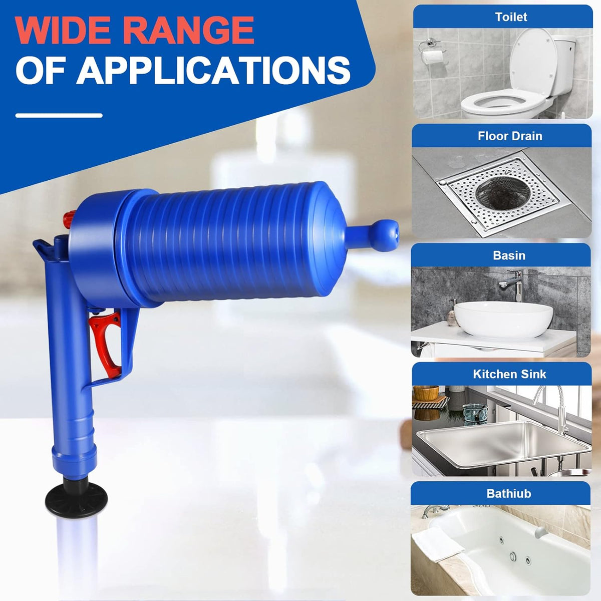 Belro Drain Blaster Air Toilet and Sink Plunger Gun for clog removal, compact tool for clearing drains and pipes.