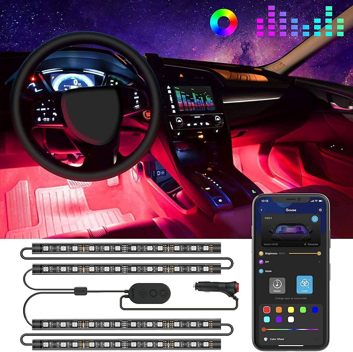 Belro smart interior car LED light strips installed inside a vehicle, providing customizable ambient lighting for cars.