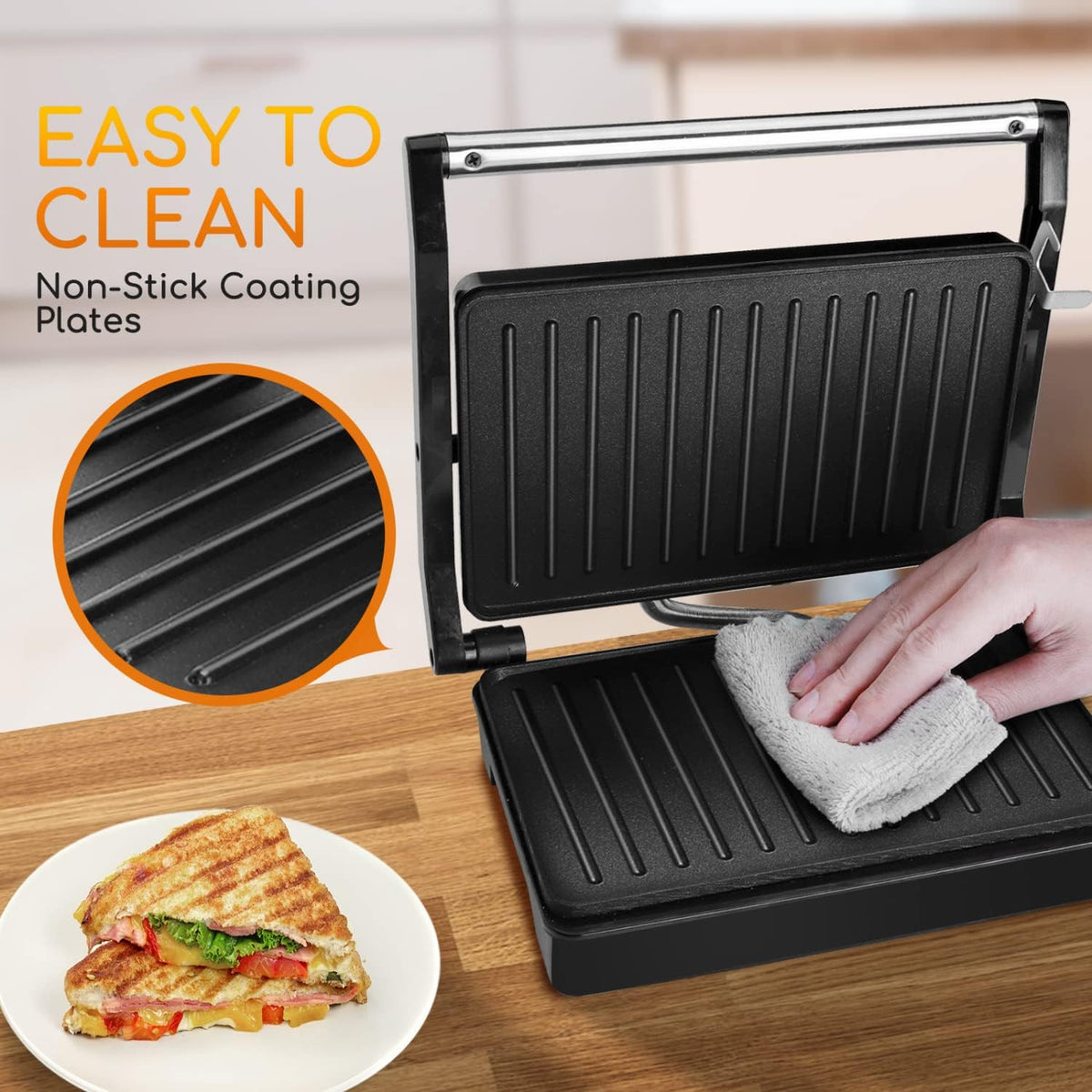 Belro Panini Press Sandwich Maker with non-stick grilling plates for perfect toasted sandwiches at home.