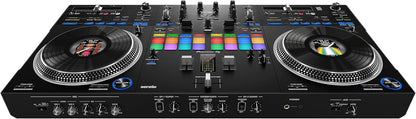 Casavibeo Pioneer DJ DDJ-REV7 DJ Controller with jog wheels, mixing controls, and colorful LED backlit pads on a sleek black surface.