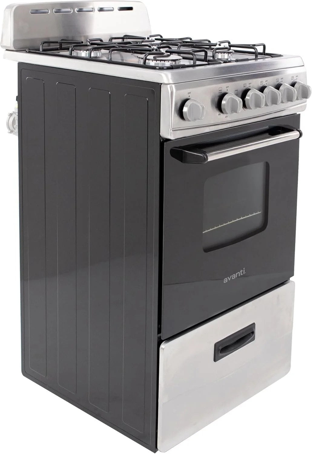 Casavibeo Avanti 20-inch freestanding gas range with four burners and oven, stainless steel finish and control knobs