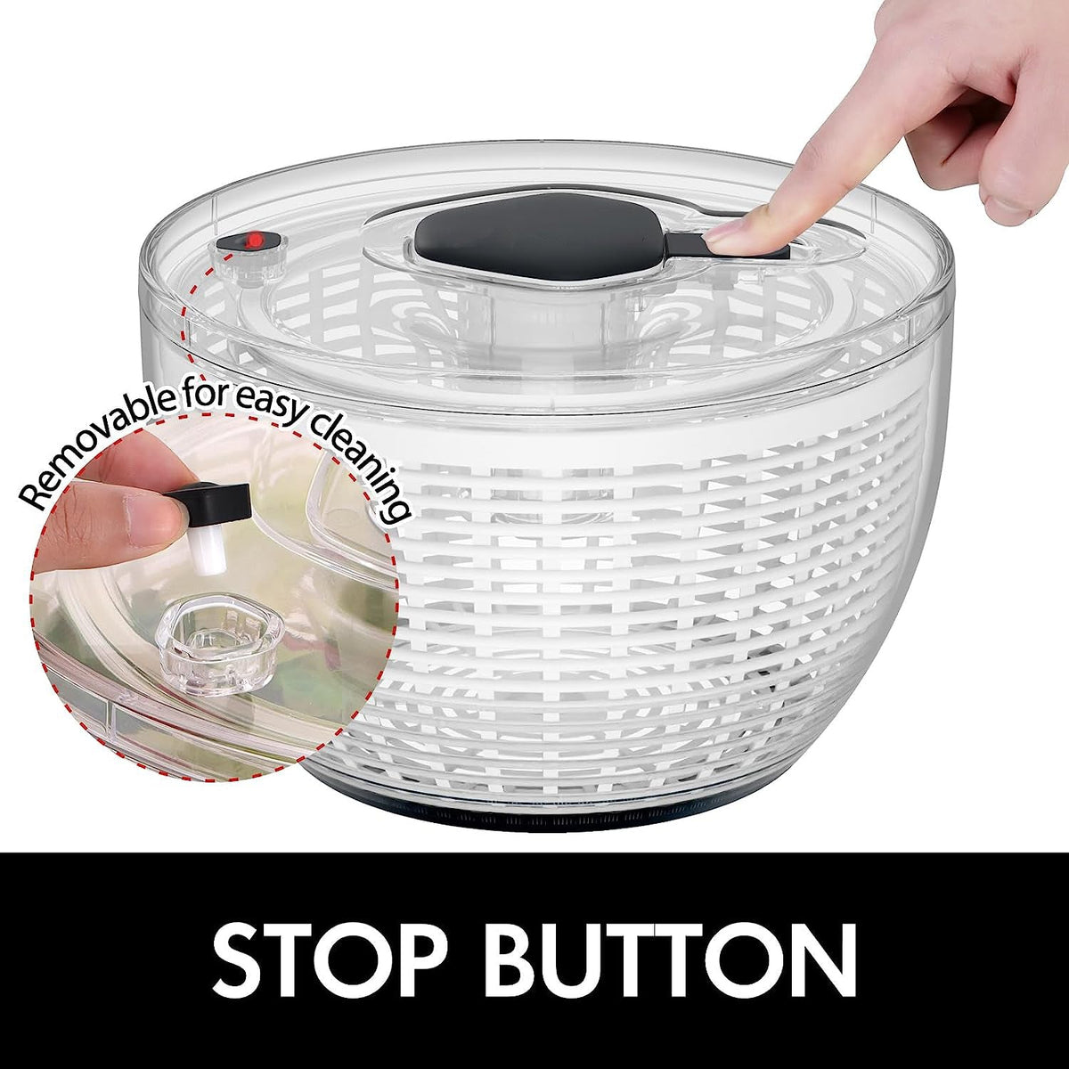 Large one-handed lettuce salad spinner by Belro, with a clear plastic bowl and spinning mechanism for easy salad drying.