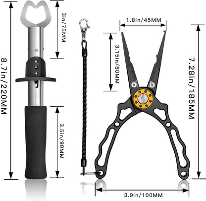Belro Fish Lip Gripper Pliers for outdoor fishing, showing stainless steel gripping jaws and ergonomic handle in a home and garden setting.