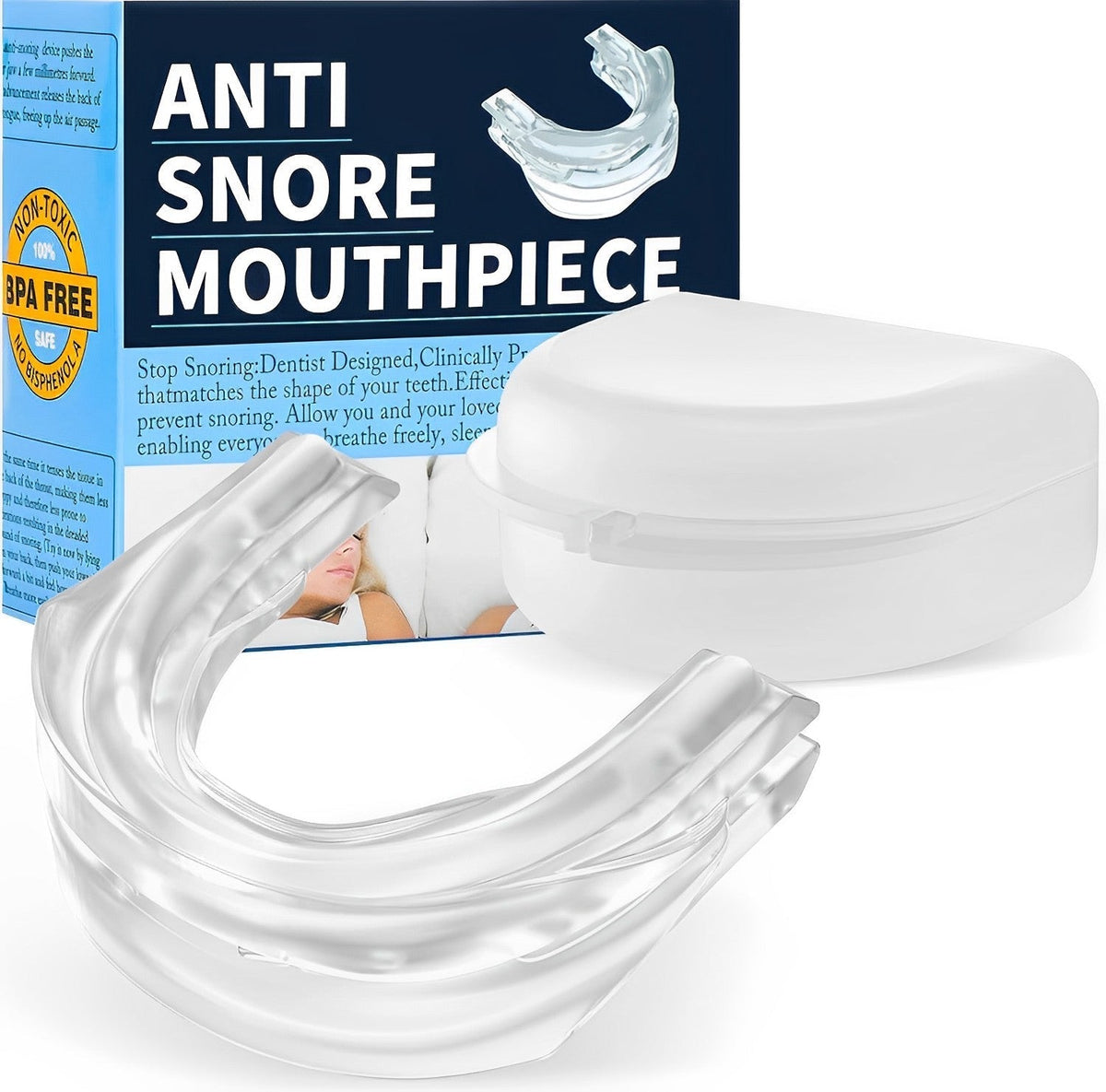 Belro anti-snoring sleep apnea mouthpiece guard for better sleep, shown in a close-up image.