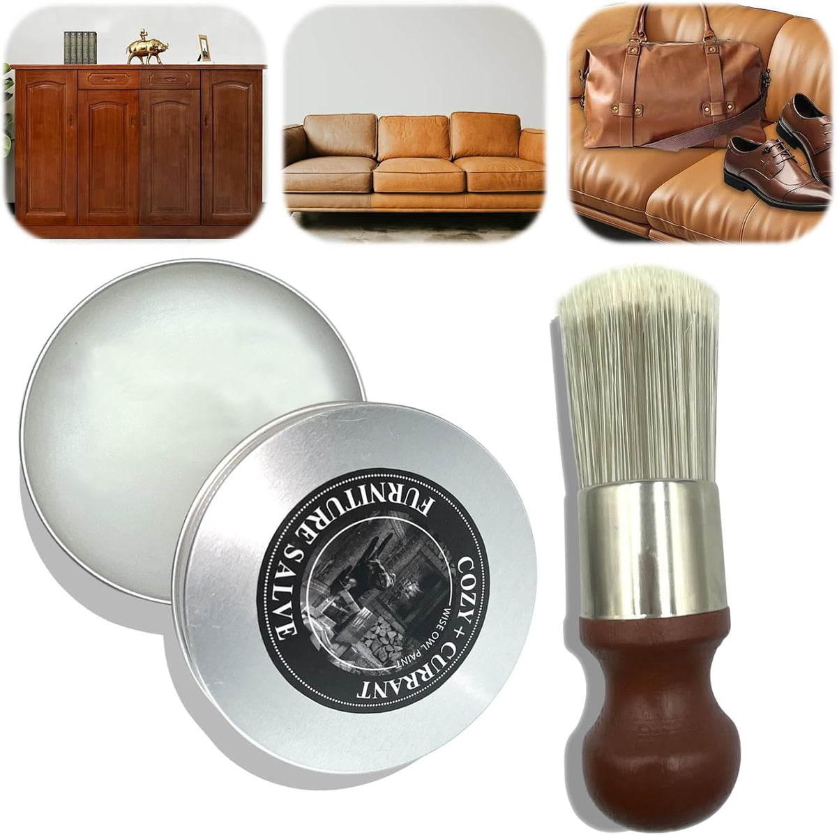 Belro furniture salve and brush for leather and wood care, shown with a wooden surface and leather furniture in the image.