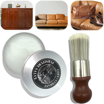 Belro furniture salve and brush for leather and wood care, shown with a wooden surface and leather furniture in the image.