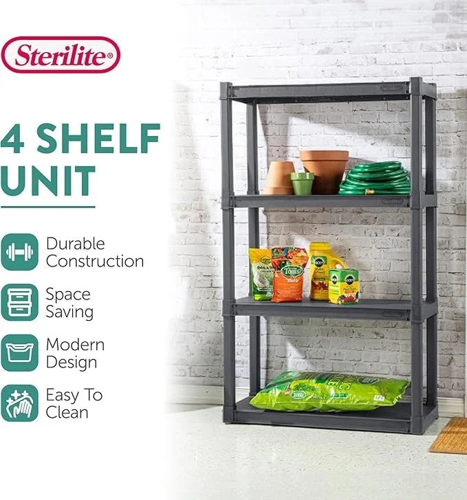 Casavibeo Sterilite 2-pack heavy-duty plastic shelving units with four shelves, ideal for kitchen, bathroom, or garage storage.