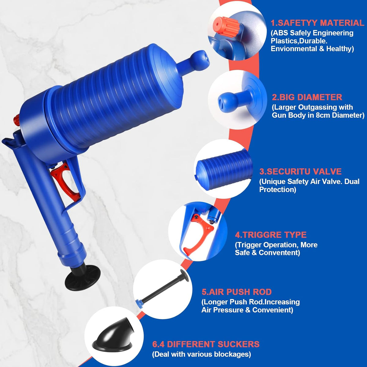 Belro Drain Blaster Air Toilet Sink Plunger Gun for clearing clogs in toilets and sinks, compact hardware tool for plumbing repairs