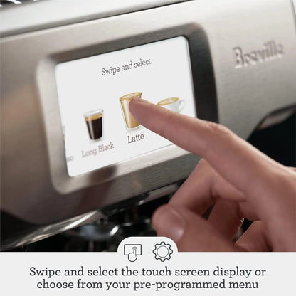 Casavibeo Breville Barista Touch espresso machine with sleek stainless steel design and digital touch control panel.