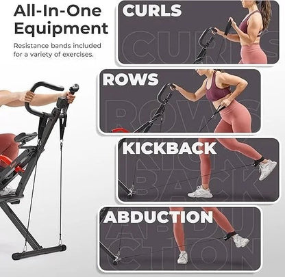 Casavibeo Sunny Health & Fitness Row-N-Ride PRO full body combo squat machine with resistance band for home cardio and ab workouts