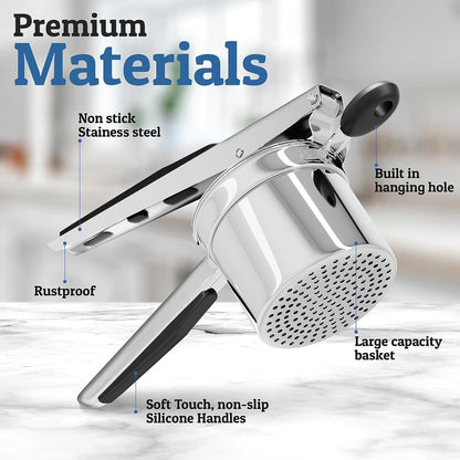 Belro potato ricer for kitchen use, with stainless steel body and ergonomic handle, ideal for mashing potatoes and vegetables.