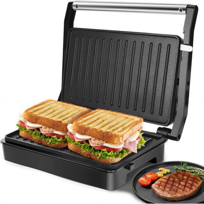 Belro Panini Press Sandwich Maker with non-stick plates for easy grilling and crispy sandwiches in a modern kitchen setting.