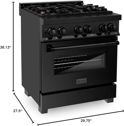 Casavibeo ZLINE Legacy 30-inch dual fuel range with four burners and oven, stainless steel finish, and control knobs.