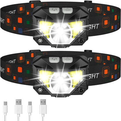 Belro 2-pack ultra-bright rechargeable LED headlamps with waterproof design and motion sensor for hands-free lighting.