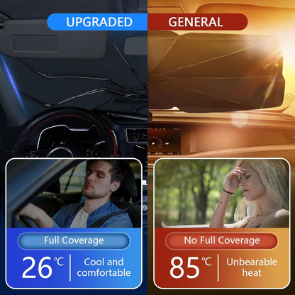 Belro car windshield sun shade blocking sunlight, designed as a practical accessory to protect your vehicle's interior from heat.