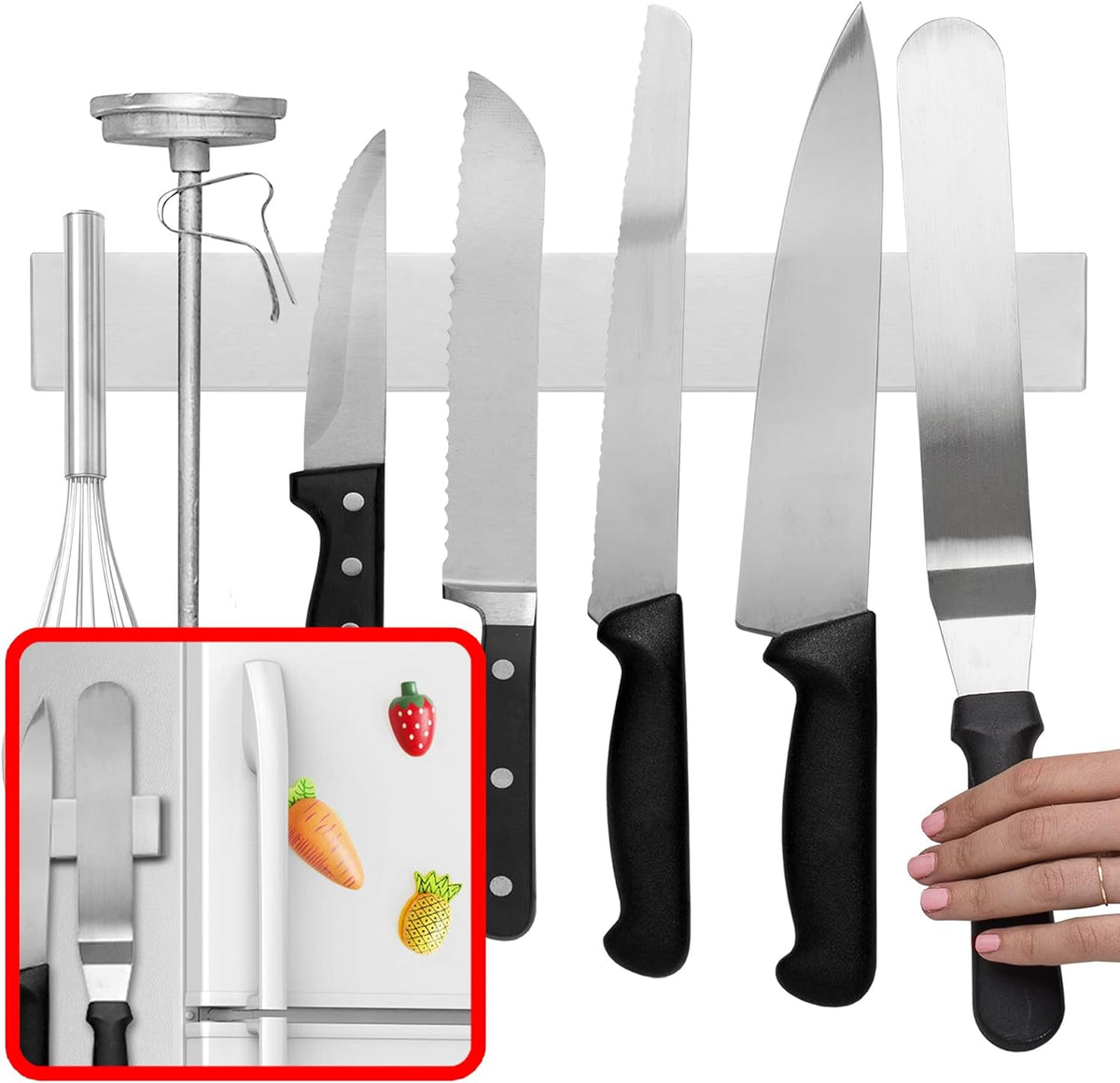 Belro 14-inch magnetic knife and tools holder mounted on kitchen wall for organized cutlery and kitchen tools.