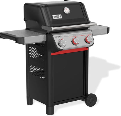 Casavibeo Weber Spirit E-325 gas grill with stainless steel lid, side shelves, and four burners for outdoor cooking.