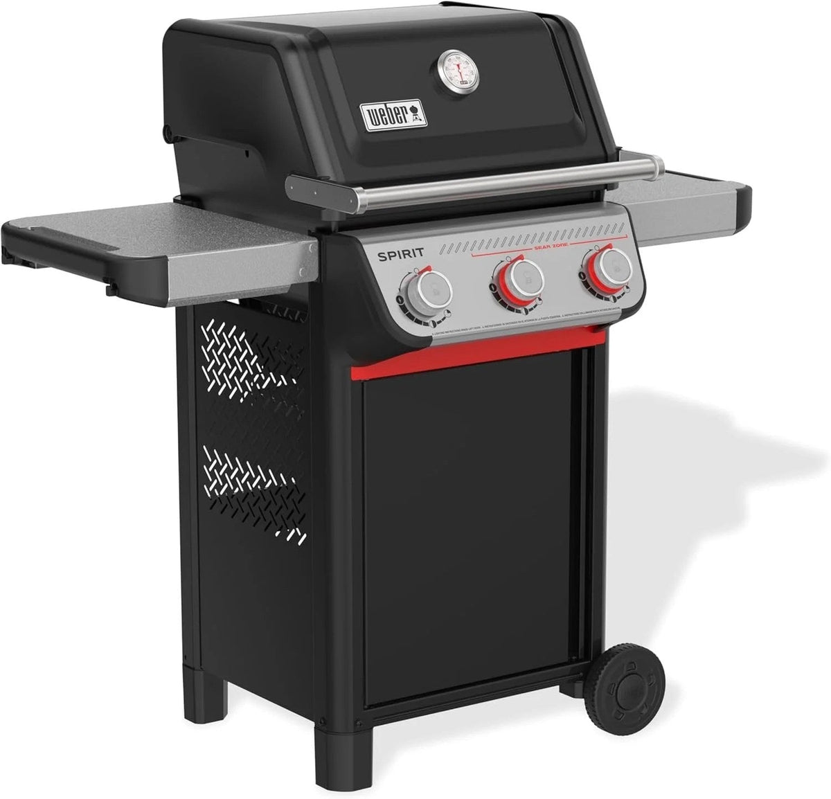 Casavibeo Weber Spirit E-325 gas grill showing black metal body, three burners, side shelves, and grill grates.