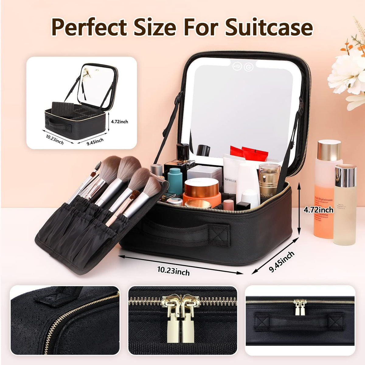 Belro makeup bag with built-in mirror and lights, stylish storage for cosmetics and accessories with convenient lighting features.