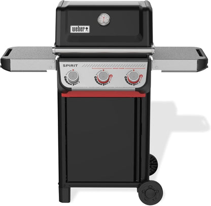 Casavibeo Weber Spirit E-325 gas grill with four burners, side shelves, and a lid for outdoor cooking and grilling.