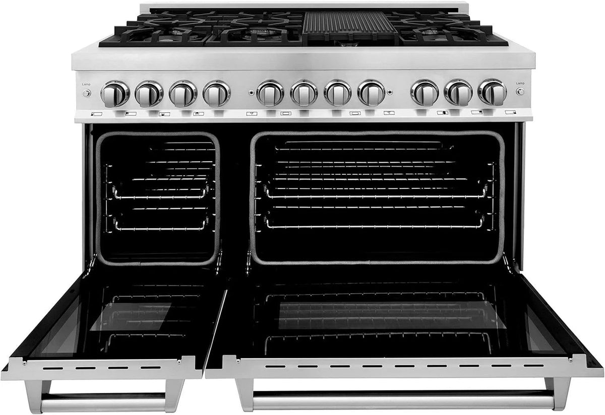 Casavibeo 48-inch professional dual fuel range with stainless steel finish, four burners, and oven, designed for high-performance cooking.
