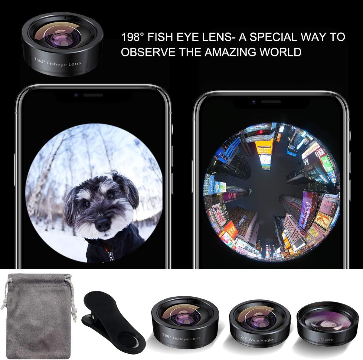 Belro wide angle lens for phone camera showing lens with black mount and glass element, compatible with smartphone photography.