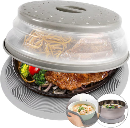 Belro microwave place mat and food cover set, with a fabric mat and clear plastic food cover for kitchen and dining use